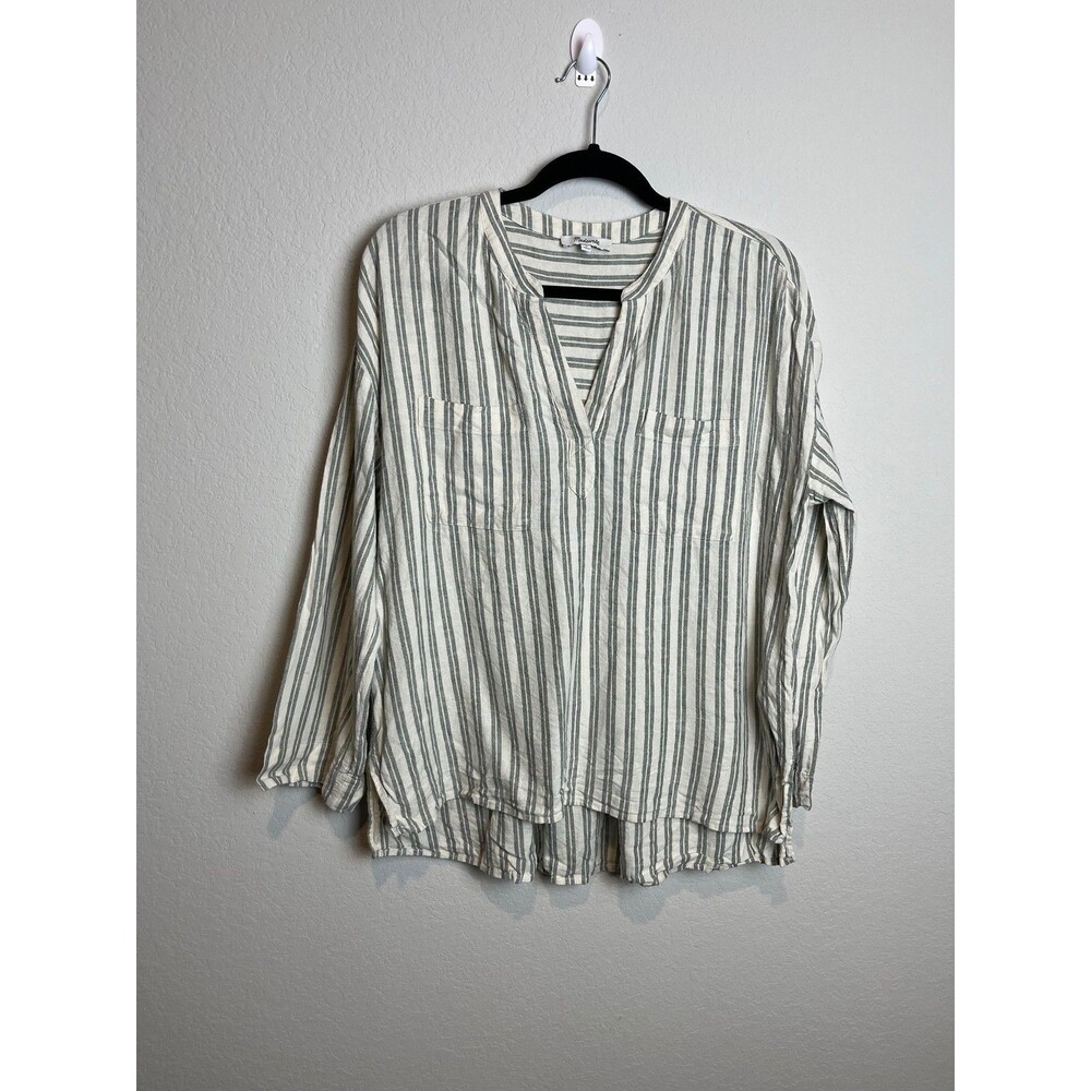 Madewell Shirt Womens Medium White Striped Linen V Neck‎ Tunic Top Long Sleeve